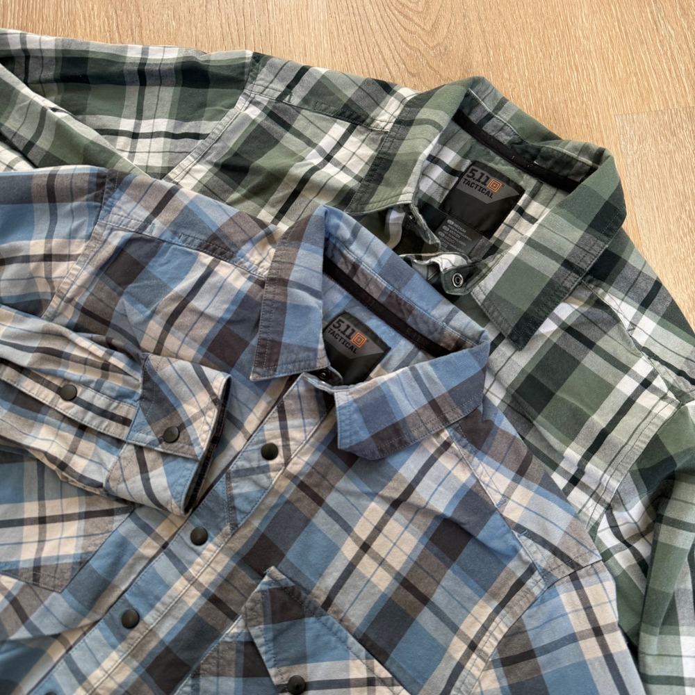 5.11 Tactical Plaid Snap Button Shirt Men Medium Blue Green Lot of 2 Long Sleeve